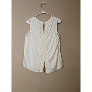 White Sleeveless Crochet Lace Trim Keyhole Split Back Rayon Top RPPS15302RY3